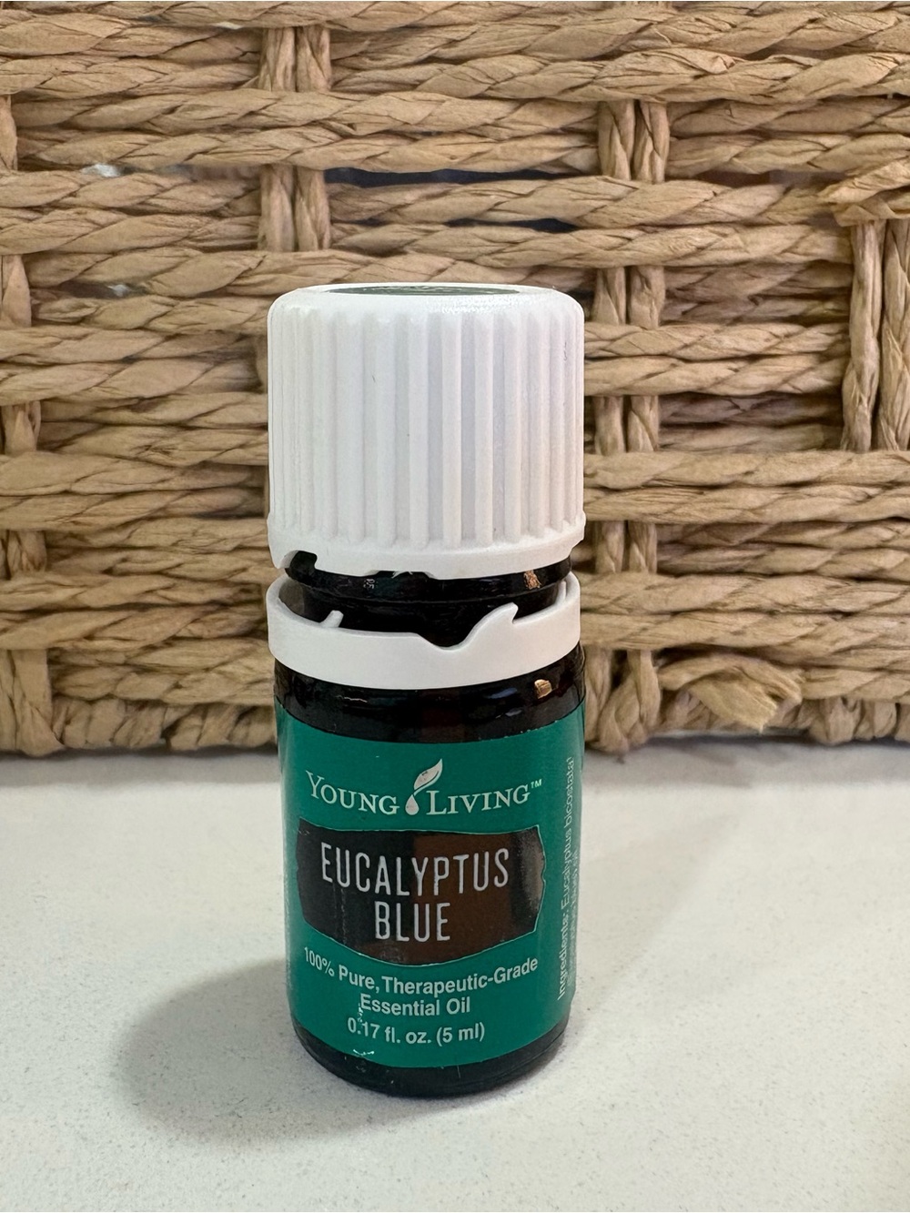 Eucalyptus Blue essential oil bottle 5ml open but full